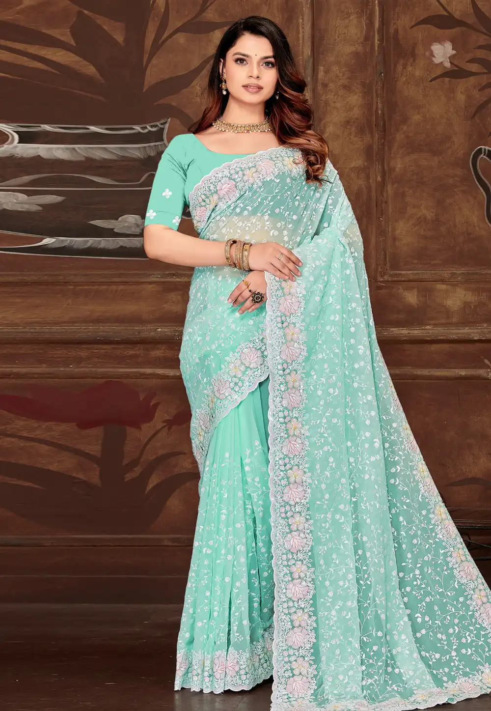 Sky Blue Georgette Saree With Blouse 311295