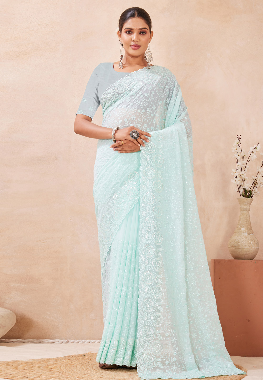 Sky Blue Georgette Saree With Blouse 321540
