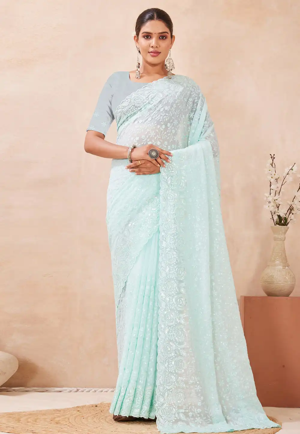 Sky Blue Georgette Saree With Blouse 321540
