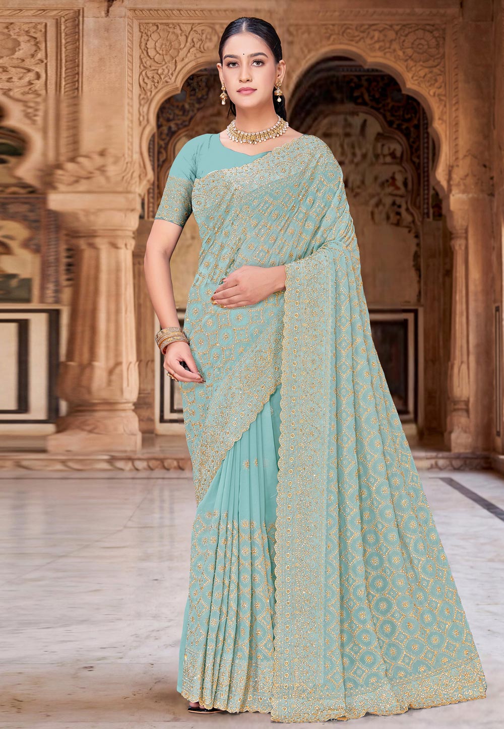 Sky Blue Georgette Saree With Blouse 330015