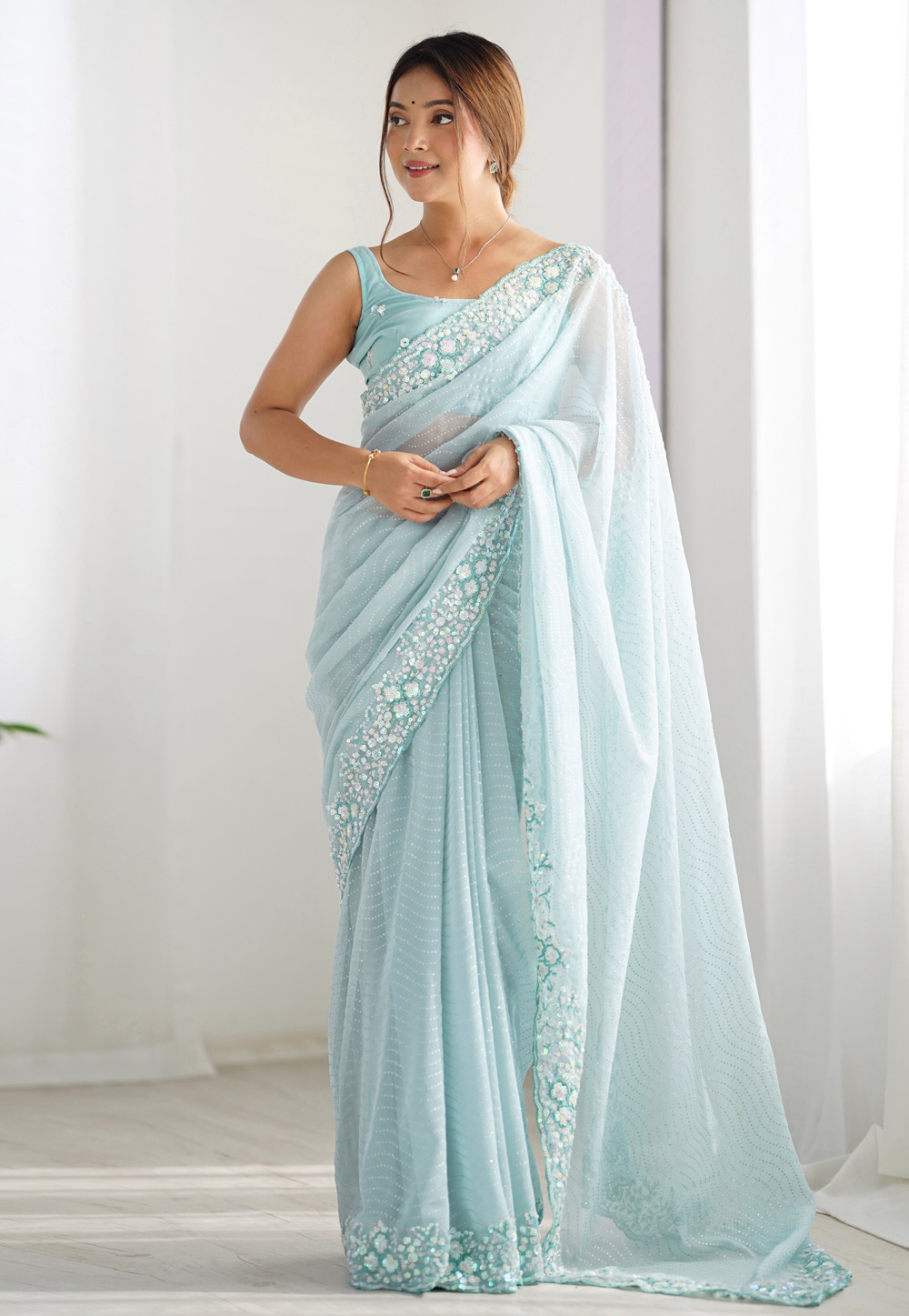 Sky Blue Georgette Saree With Blouse 312105