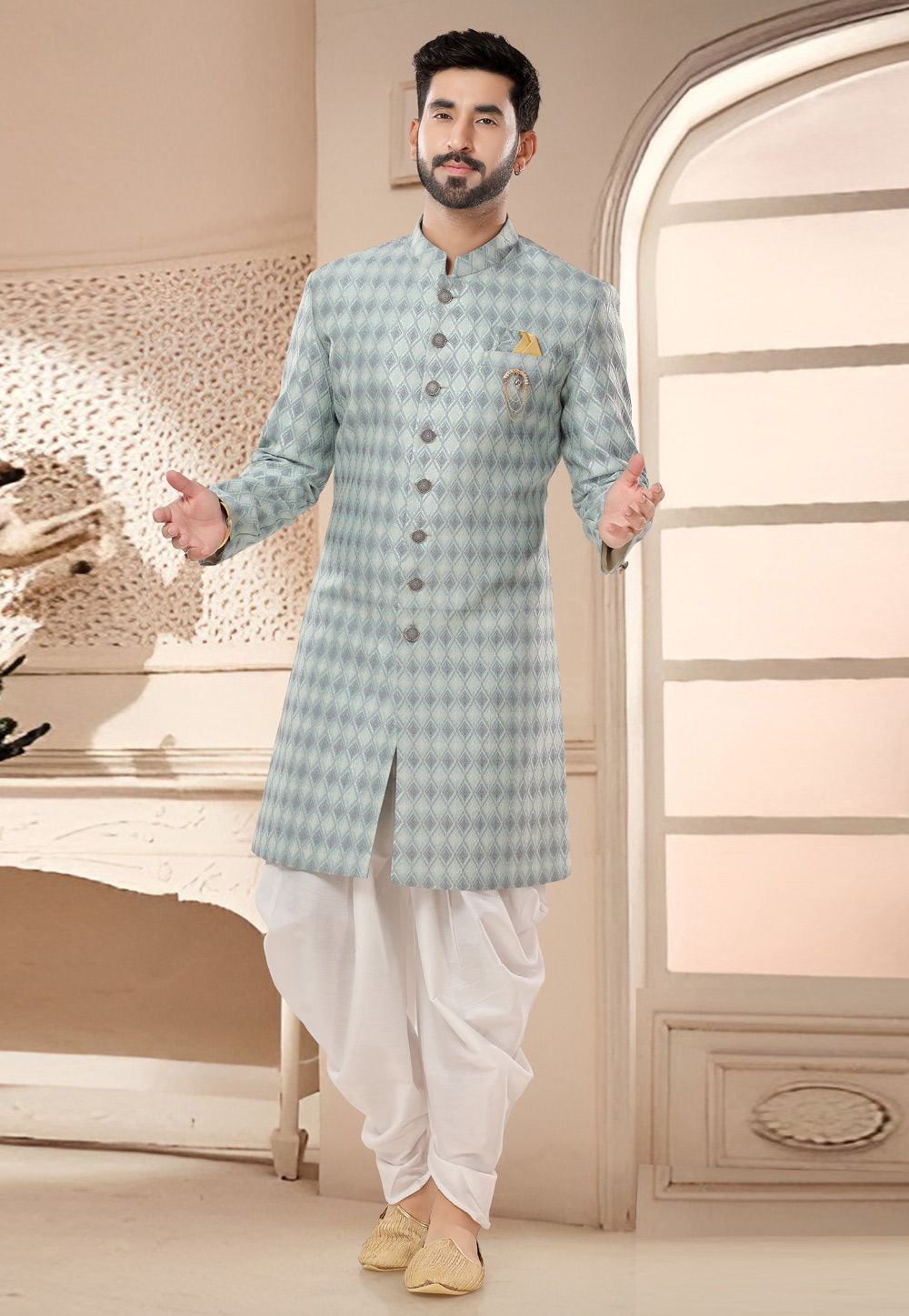 Sky Blue Jacquard Dhoti Sherwani 285768