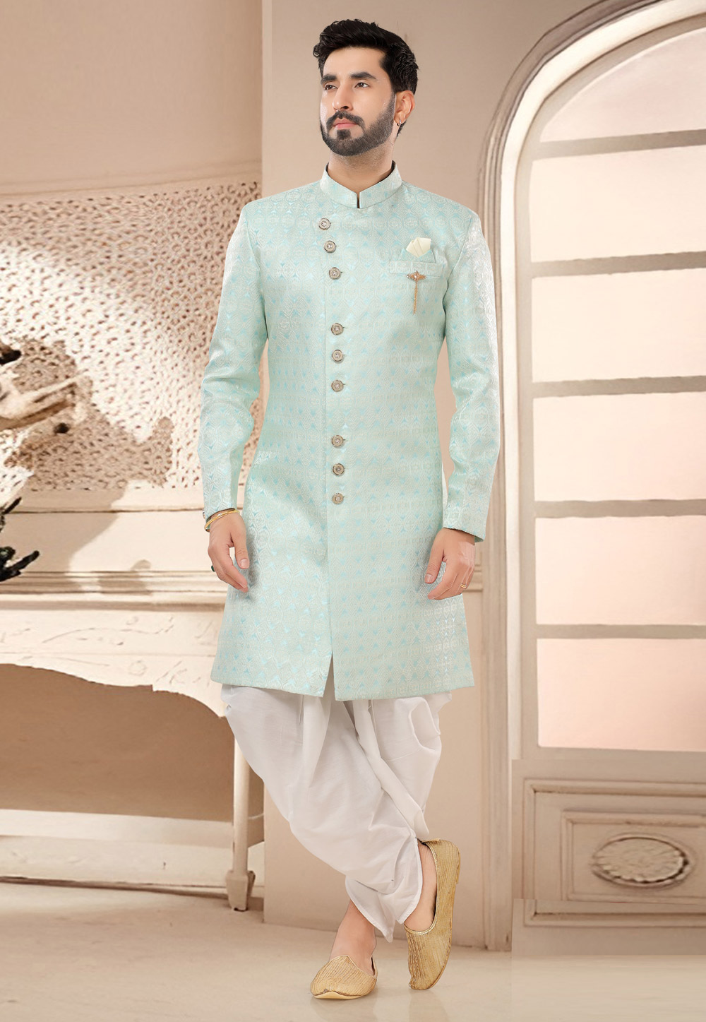 Sky Blue Jacquard Dhoti Sherwani 285777