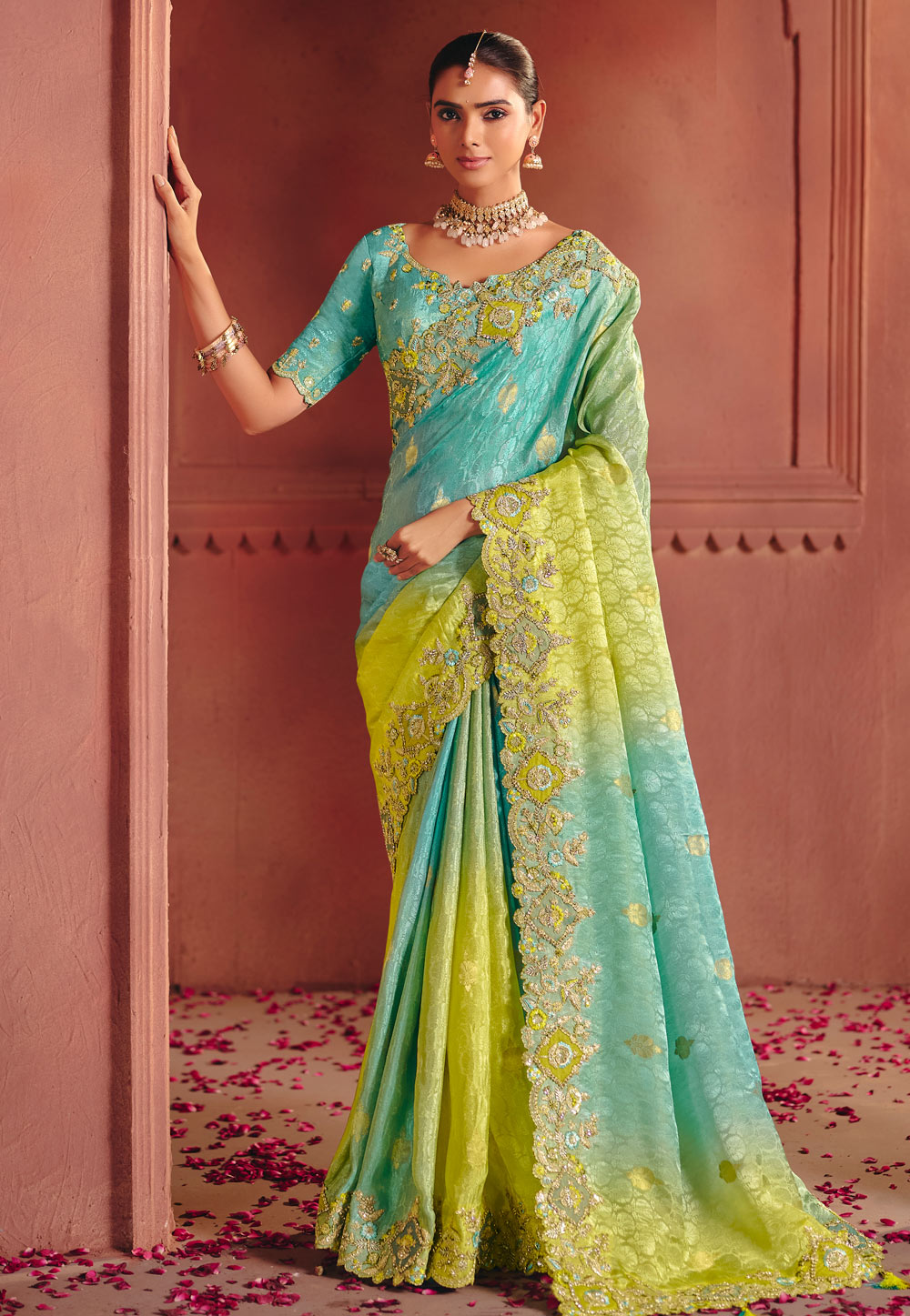Sky Blue Jacquard Half N Half Saree 324673