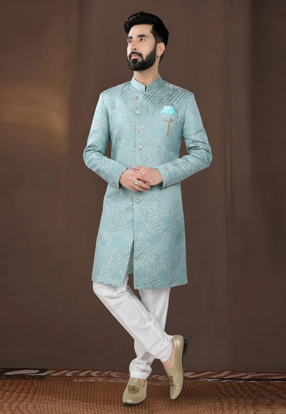 Sky Blue Jacquard Indo Western Suit 312790