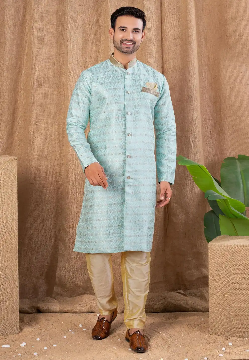 Sky Blue Jacquard Indo Western Suit 316466