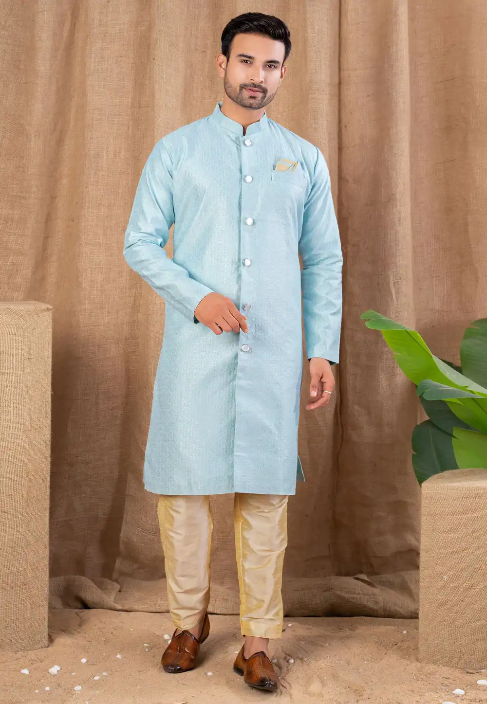 Sky Blue Jacquard Indo Western Suit 316468