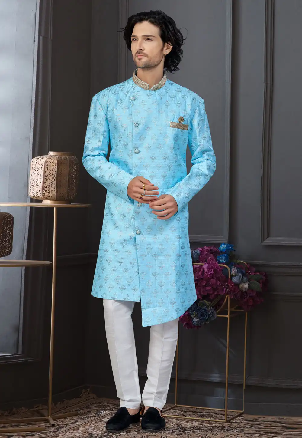 Sky Blue Jacquard Indo Western Suit 317884