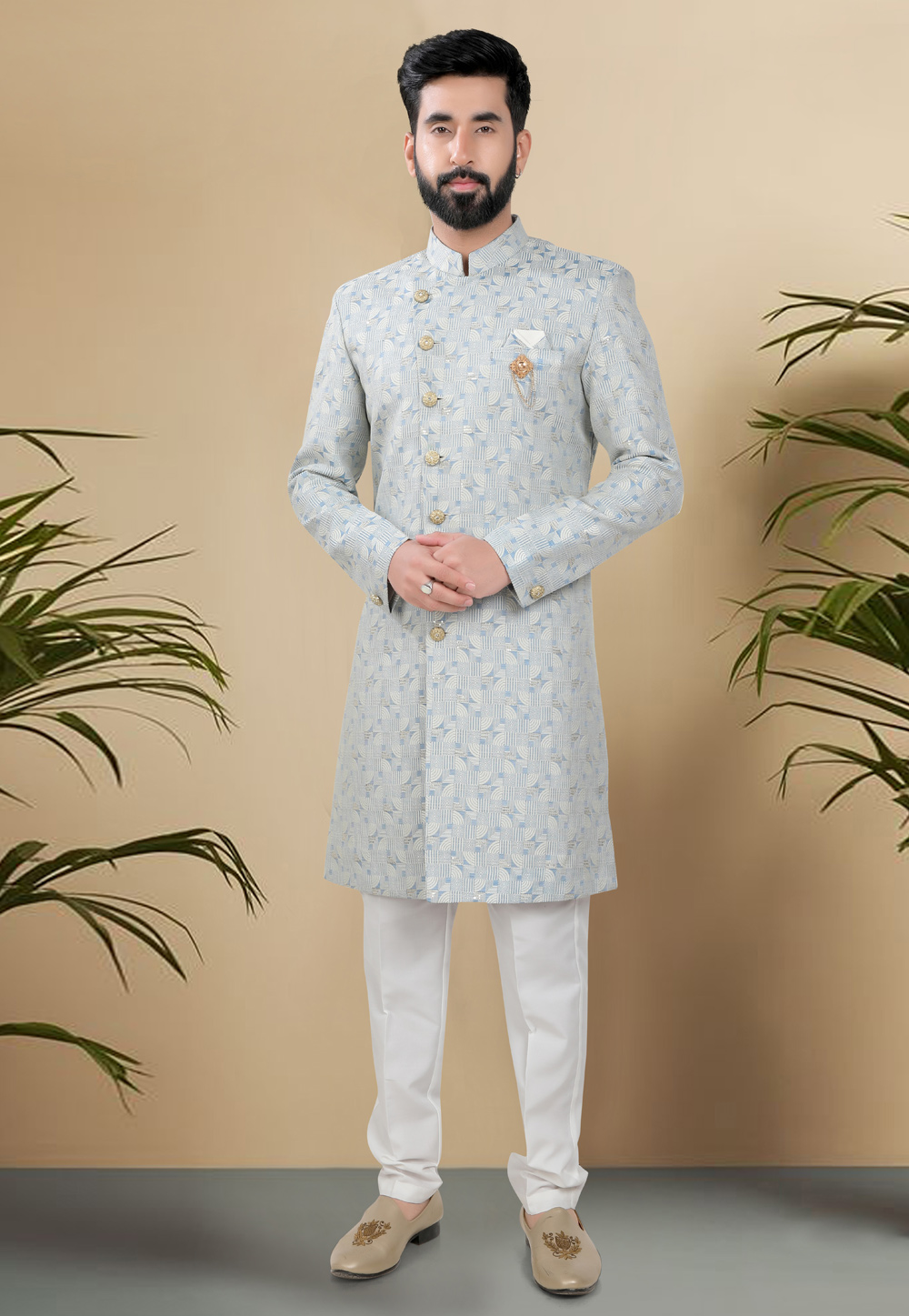 Sky Blue Jacquard Indo Western Suit 313069