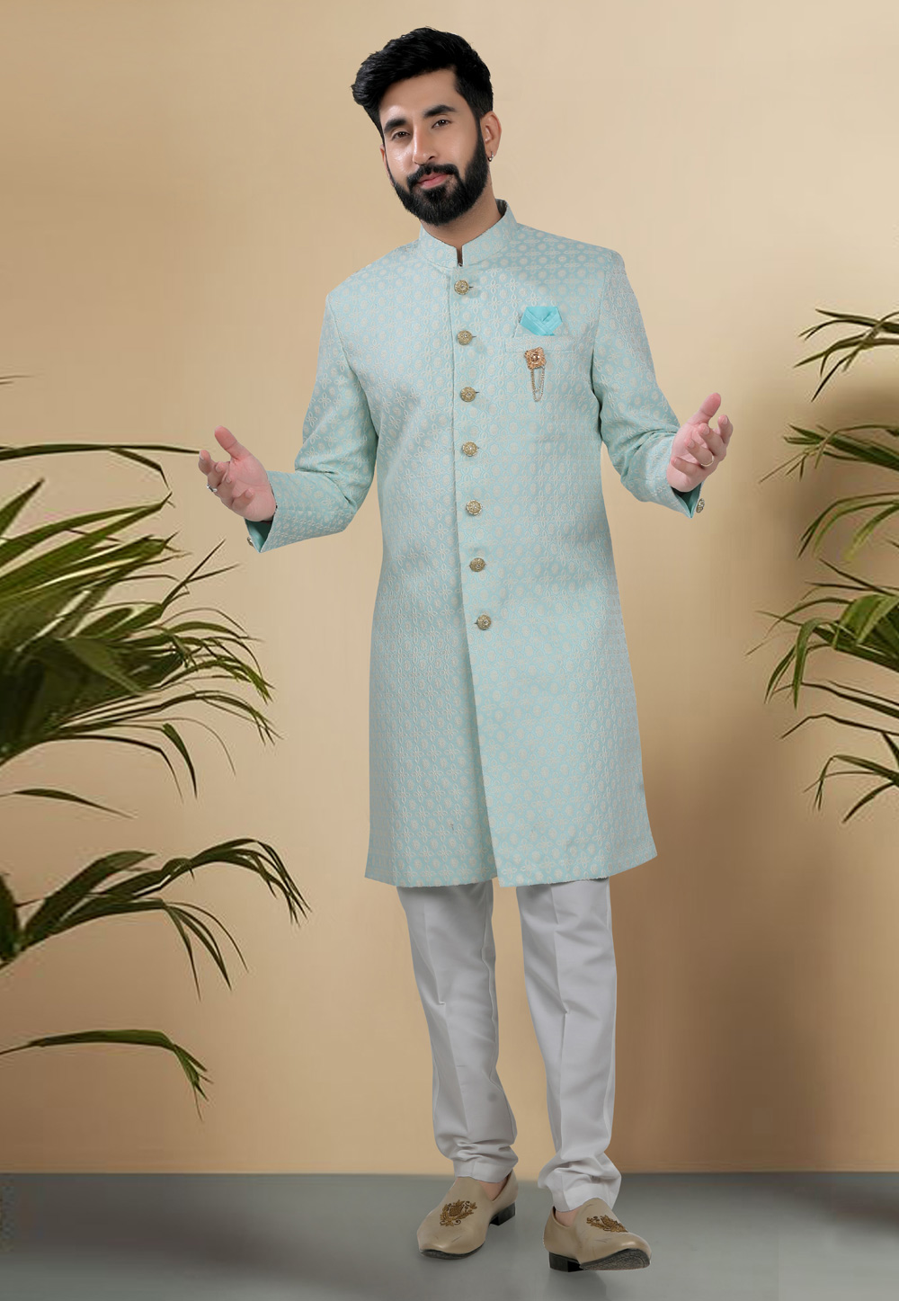Sky Blue Jacquard Indo Western Suit 313080