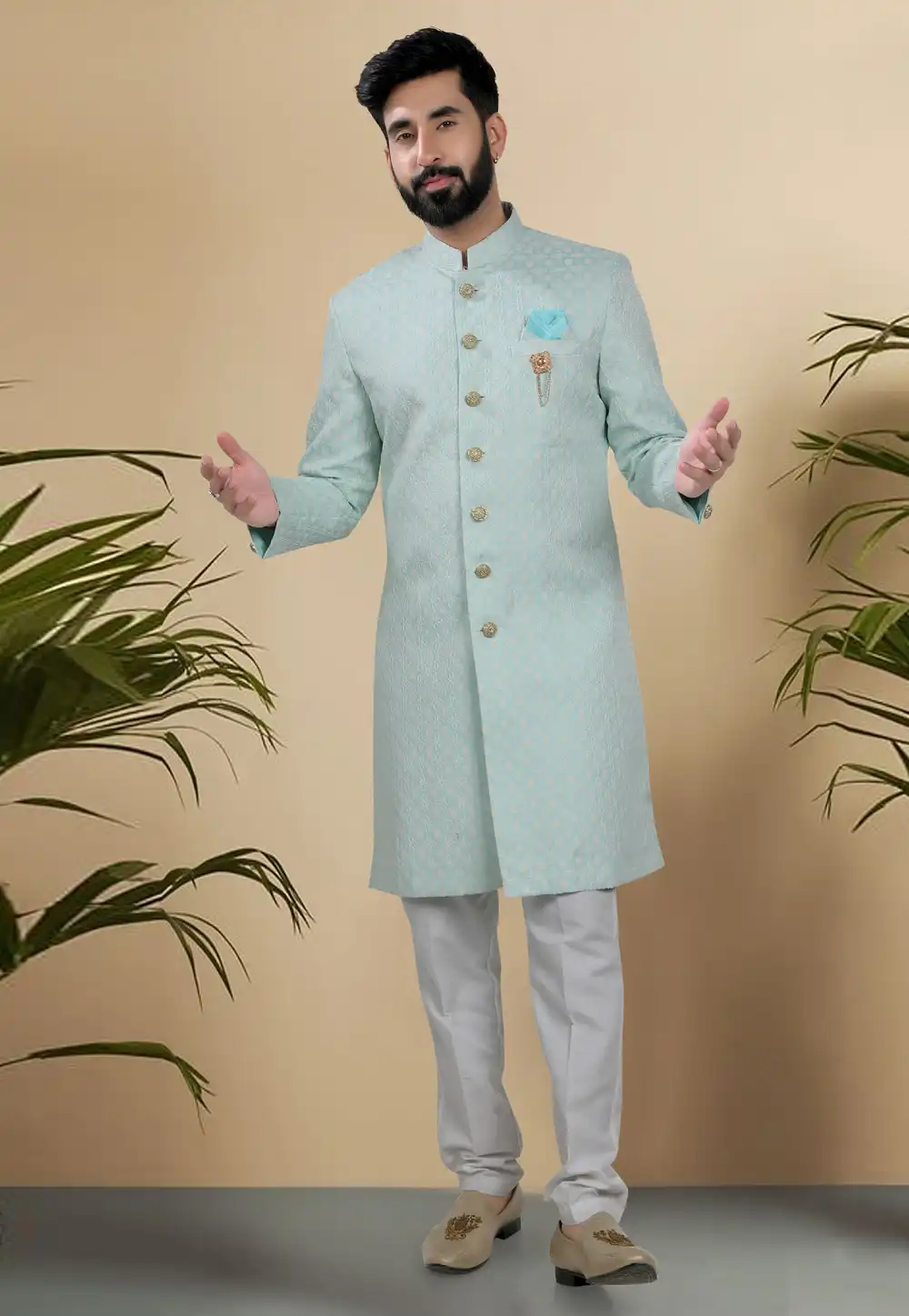 Sky Blue Jacquard Indo Western Suit 313080
