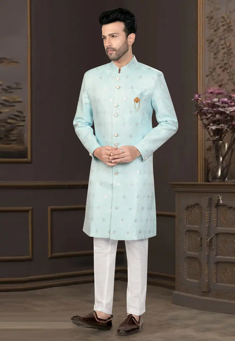 Sky Blue Jacquard Indo Western Suit 316091