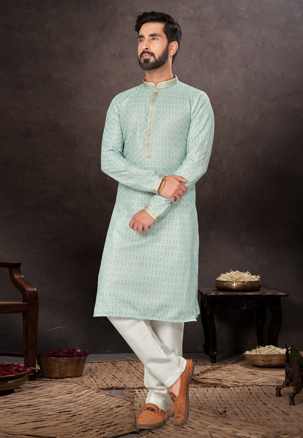 Sky Blue Jacquard Kurta Pajama 283935