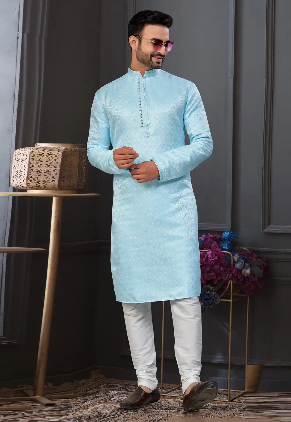 Sky Blue Jacquard Kurta Pajama 317852