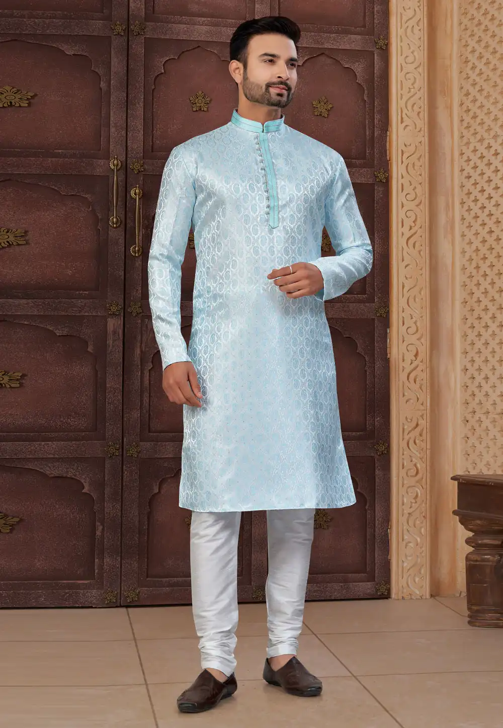 Sky Blue Jacquard Kurta Pajama 322863