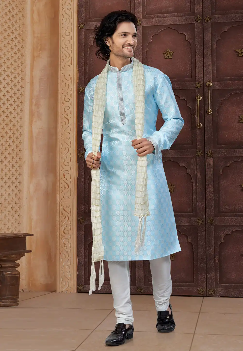 Sky Blue Jacquard Kurta Pajama 322866
