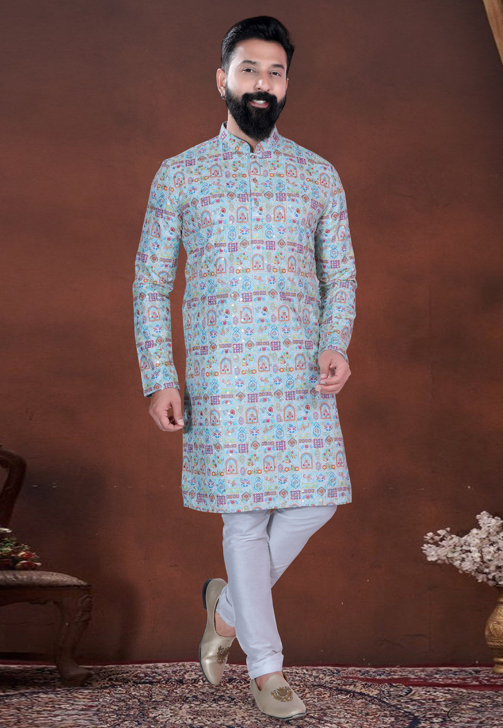 Sky Blue Jacquard Kurta Pajama 318600