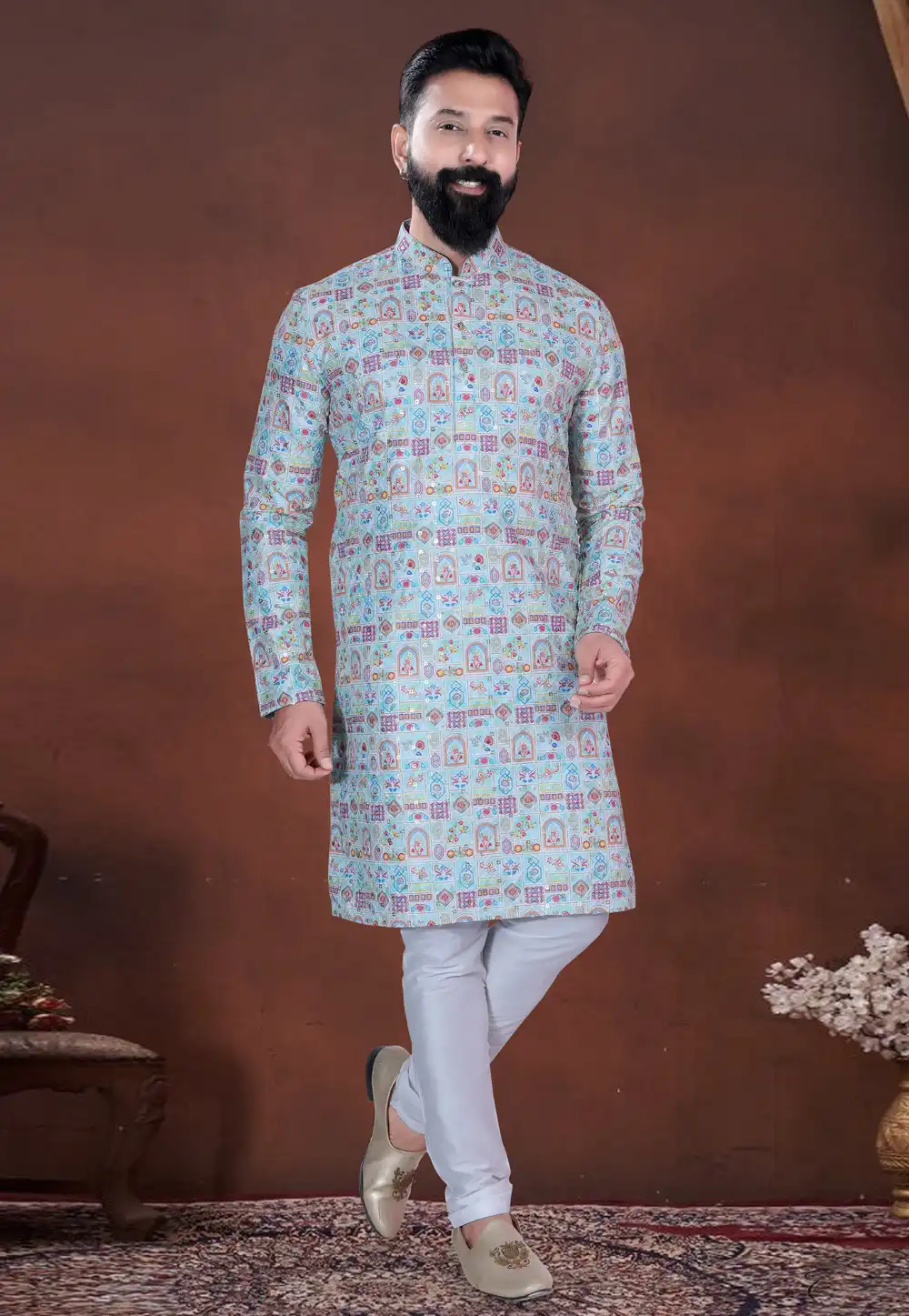 Sky Blue Jacquard Kurta Pajama 318600
