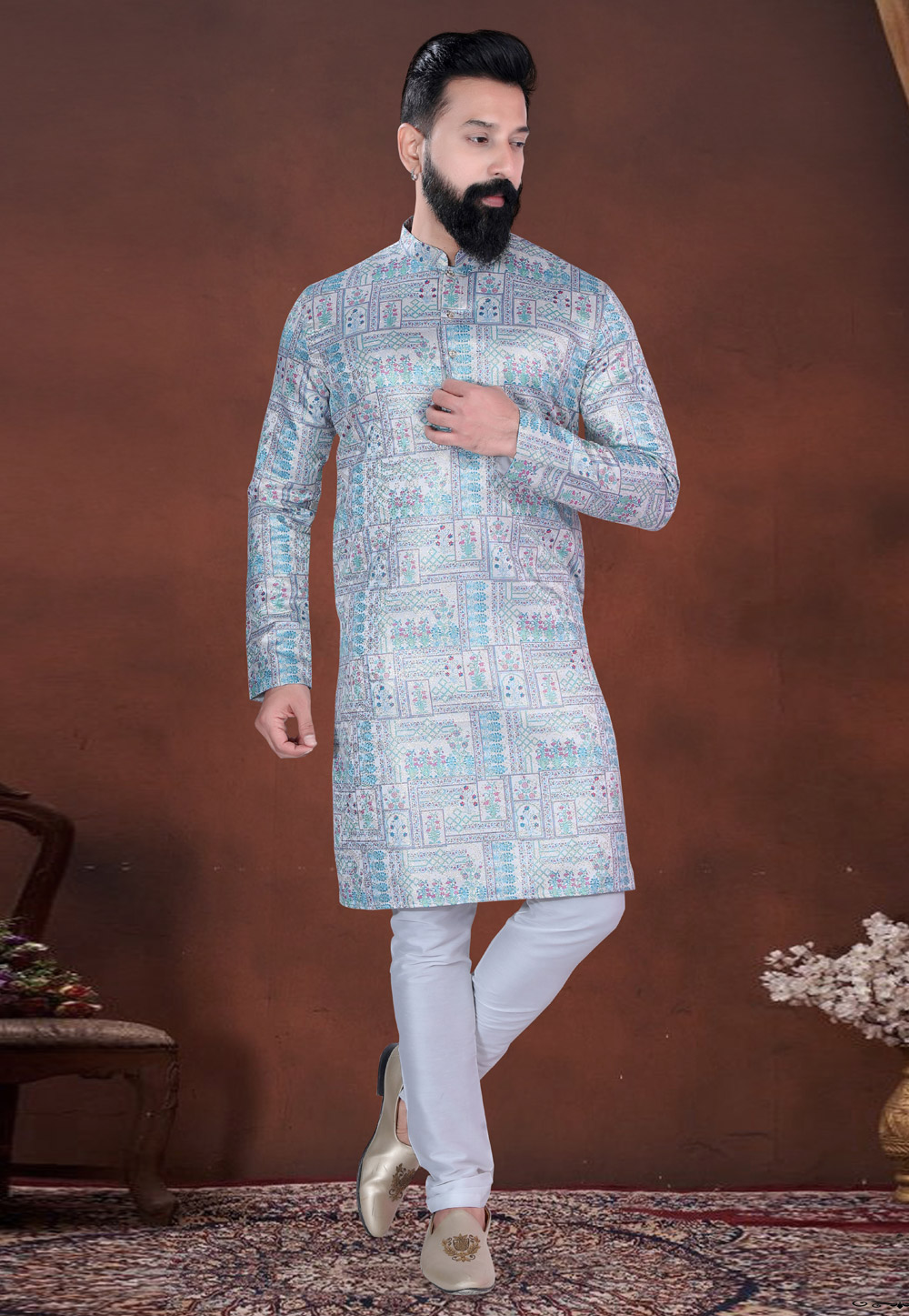 Sky Blue Jacquard Kurta Pajama 318601