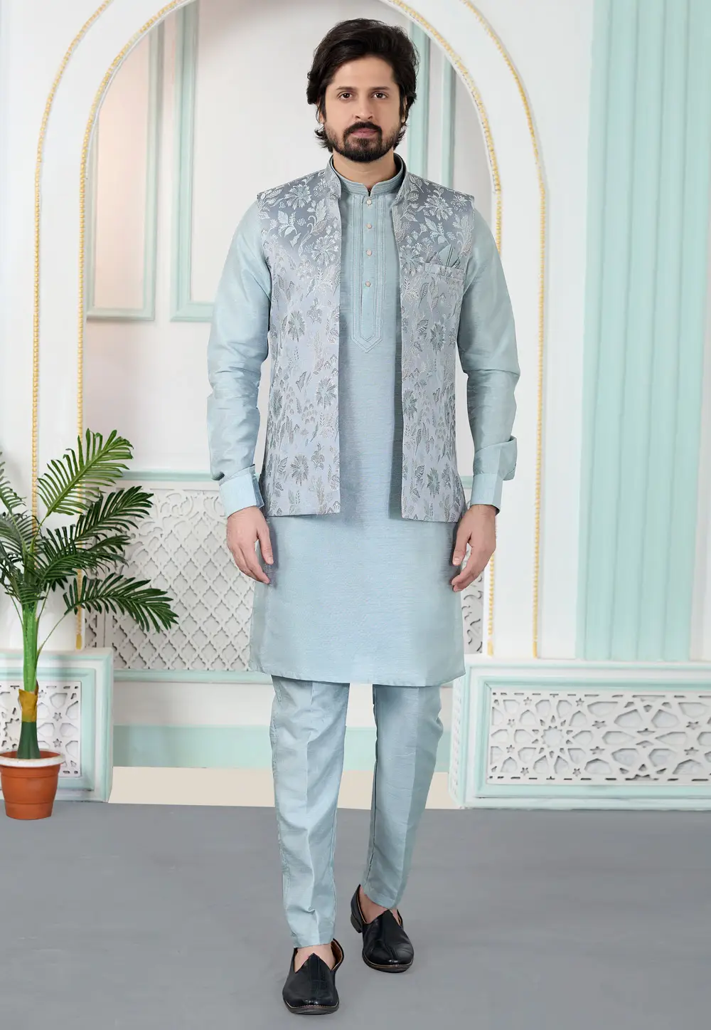 Sky Blue Jacquard Kurta Pajama With Jacket 335928