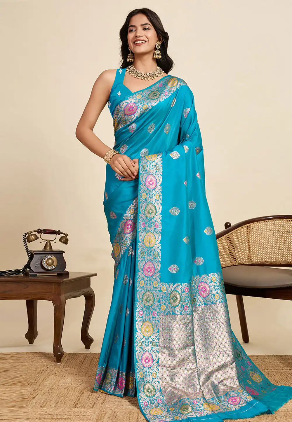 Sky Blue Jacquard Saree With Blouse 320698