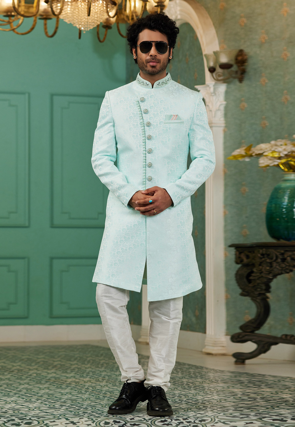Sky Blue Jacquard Silk Indo Western Sherwani 278300