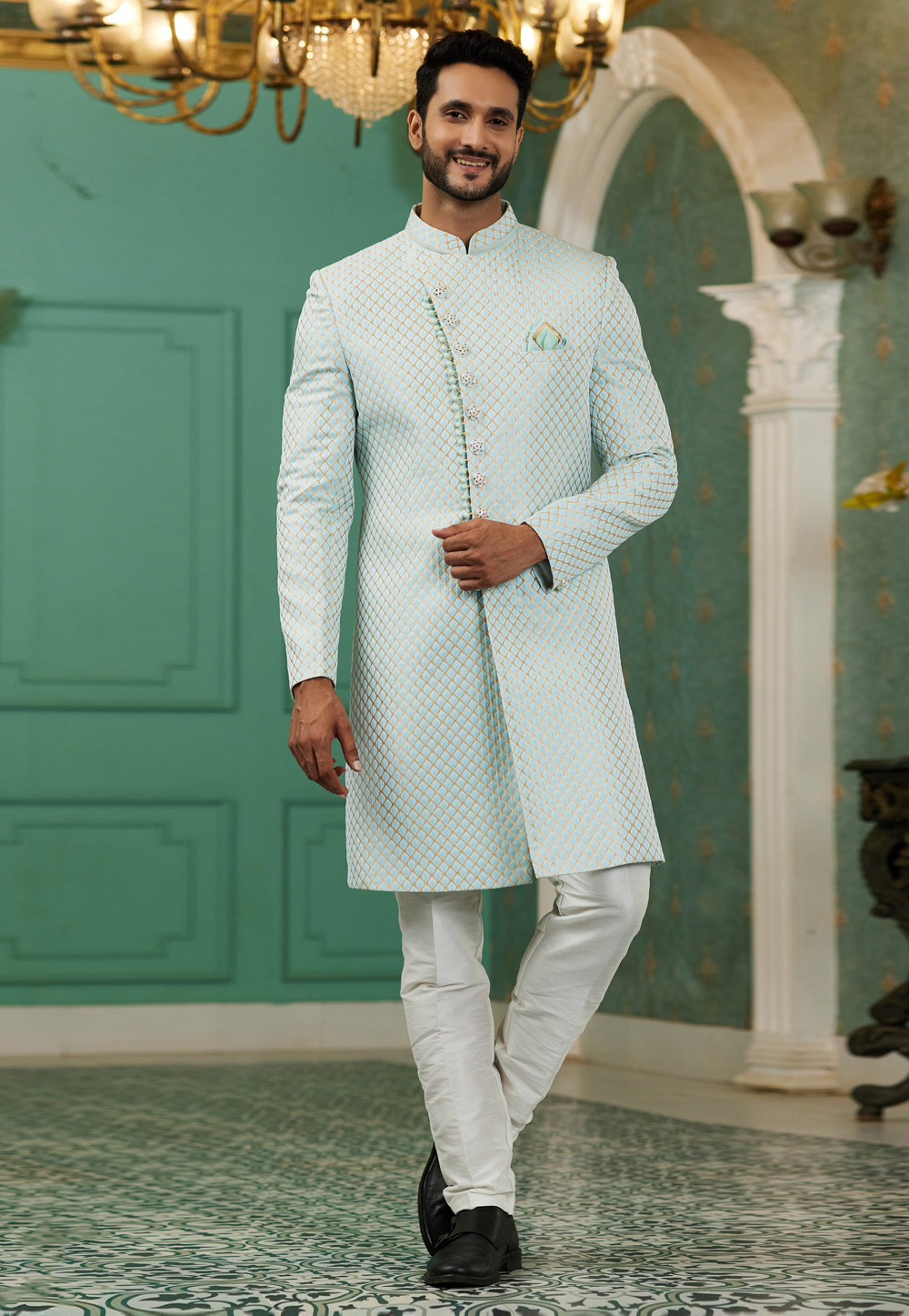 Sky Blue Jacquard Silk Indo Western Sherwani 278306