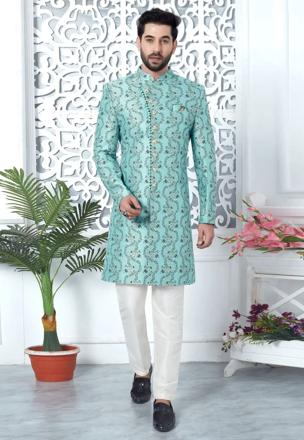 Sky Blue Jacquard Silk Indo Western Suit 280163