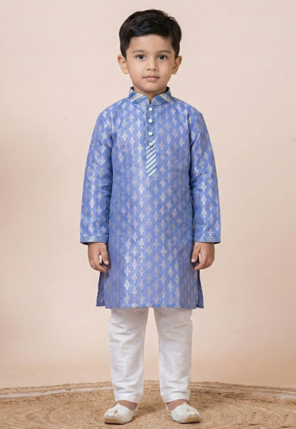 Sky Blue Jacquard Silk Kids Kurta Pajama 322828