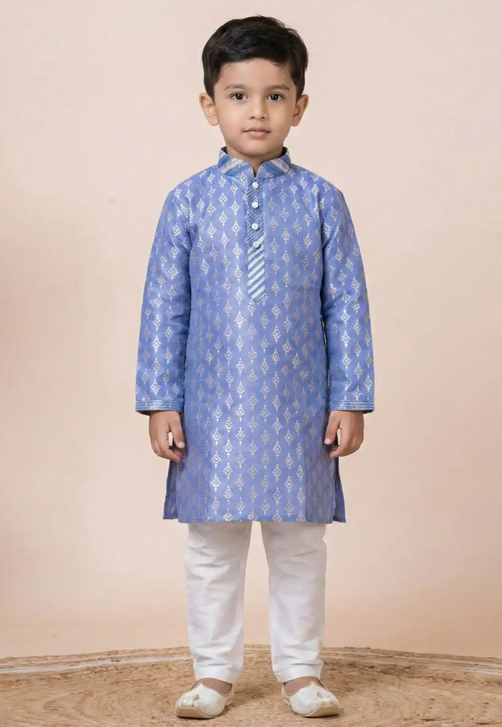 Sky Blue Jacquard Silk Kids Kurta Pajama 322828