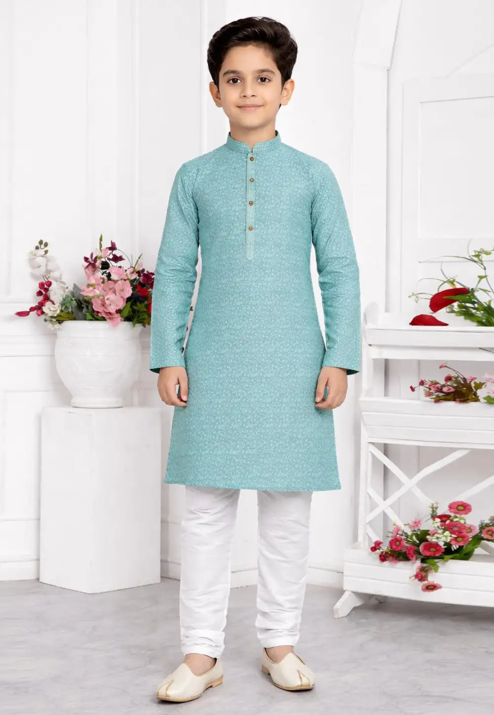 Sky Blue Jacquard Silk Kids Kurta Pajama 330776