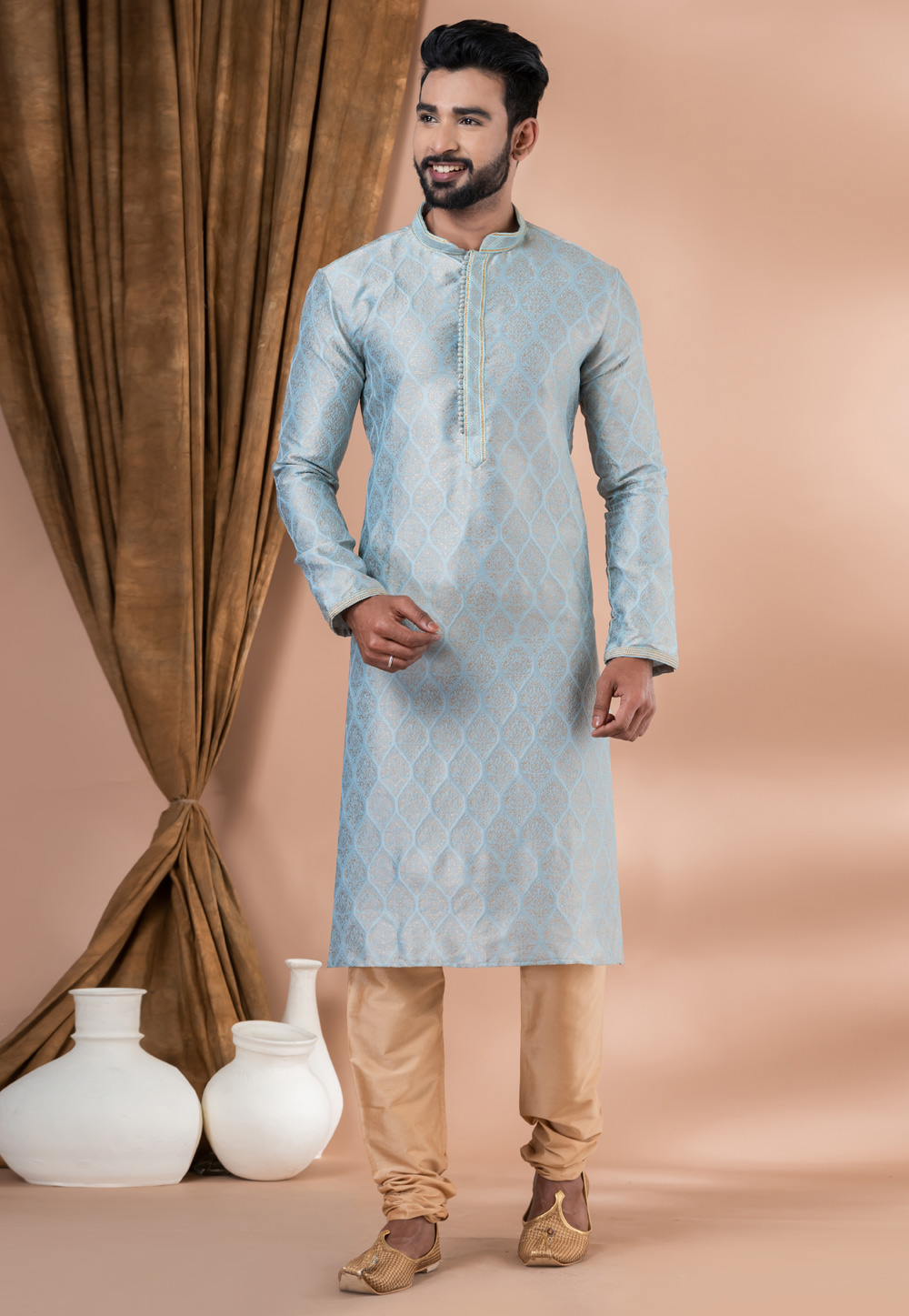 Sky Blue Jacquard Silk Kurta Pajama 283378