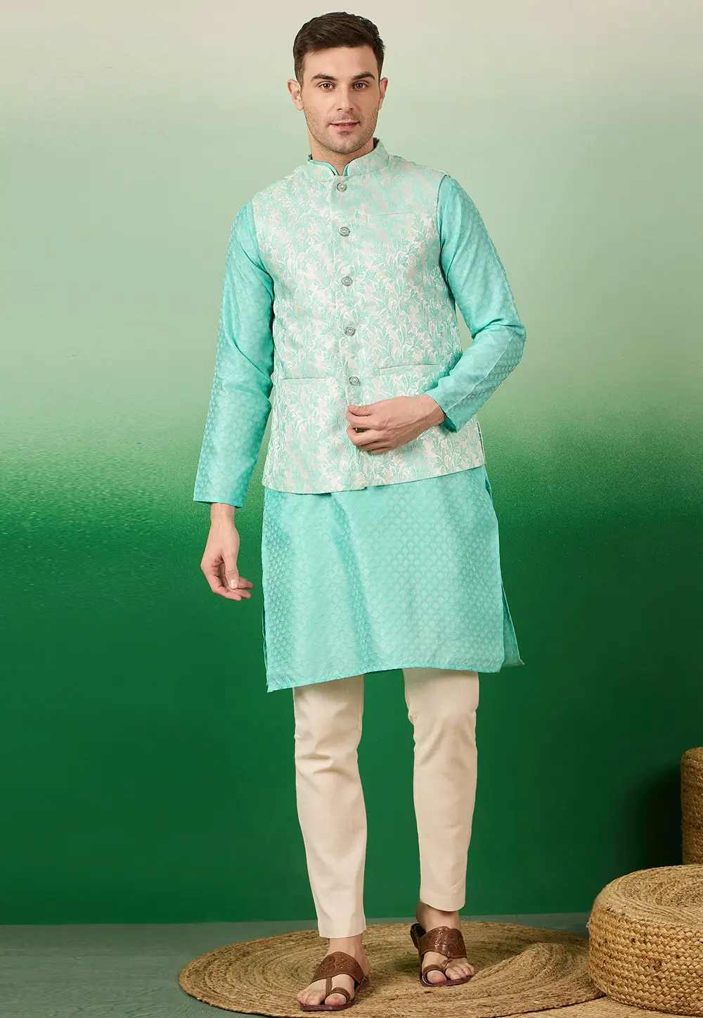 Sky Blue Jacquard Silk Kurta Pajama With Jacket 331560