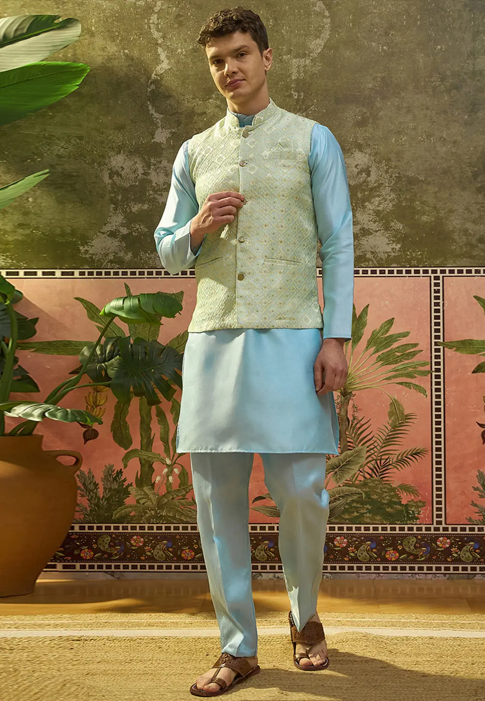 Sky Blue Jacquard Silk Kurta Pajama With Jacket 331573