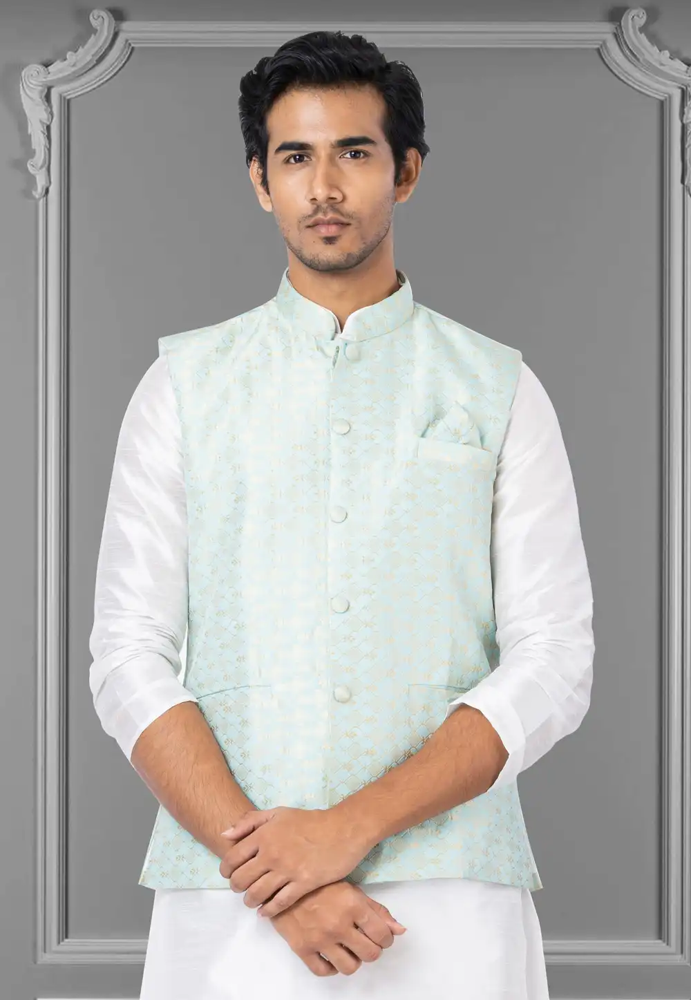 Sky Blue Jacquard Silk Nehru Jacket 286953