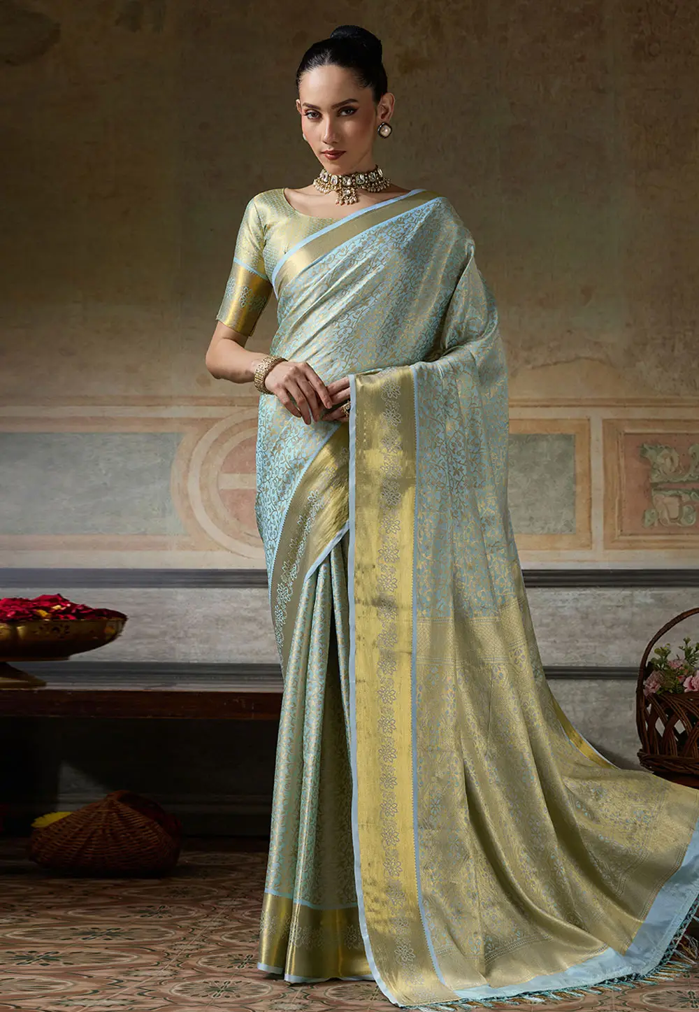 Sky Blue Kanjivaram Silk Saree With Blouse 335002