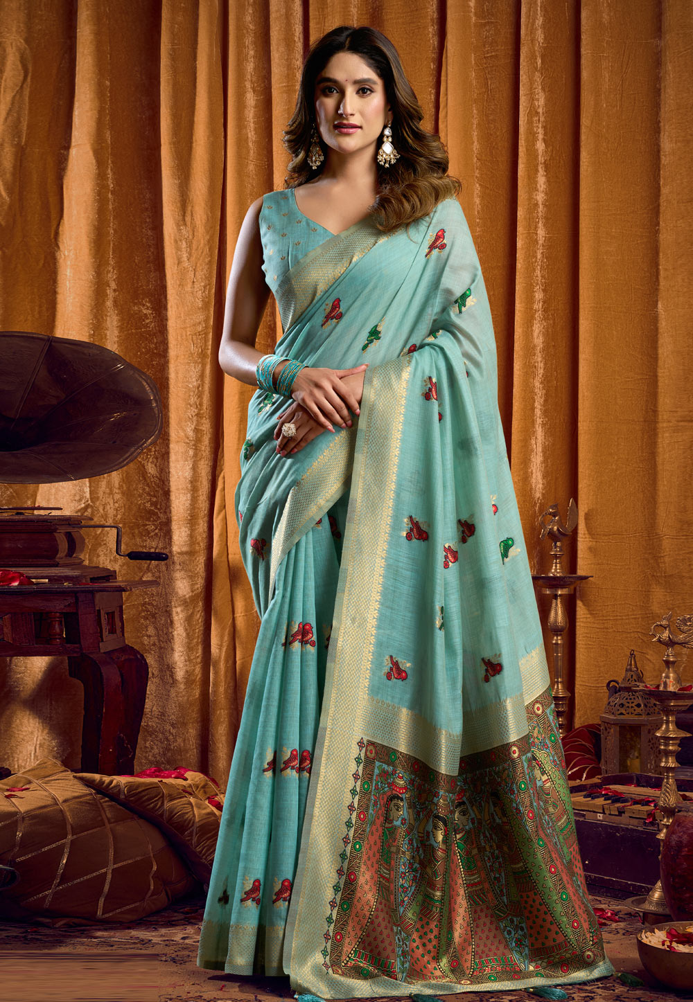 Sky Blue Khadi Cotton Saree With Blouse 322536
