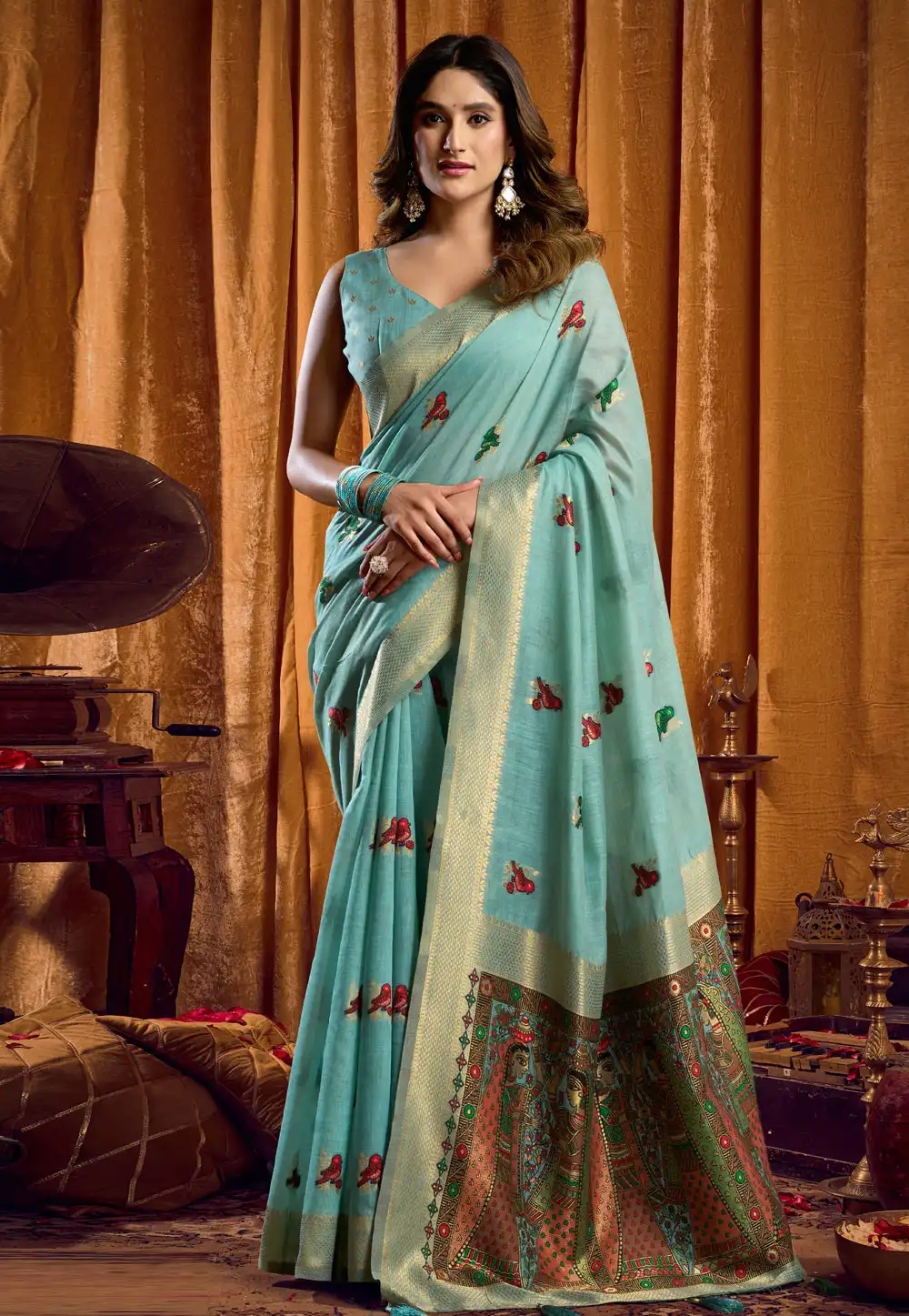 Sky Blue Khadi Cotton Saree With Blouse 322536