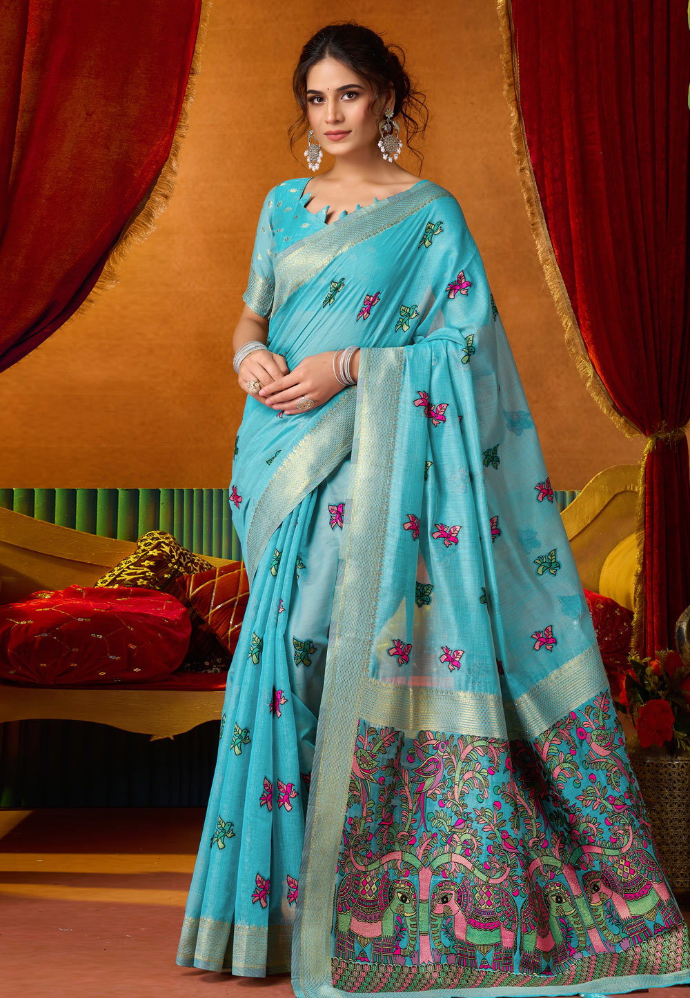 Sky Blue Khadi Cotton Saree With Blouse 325396