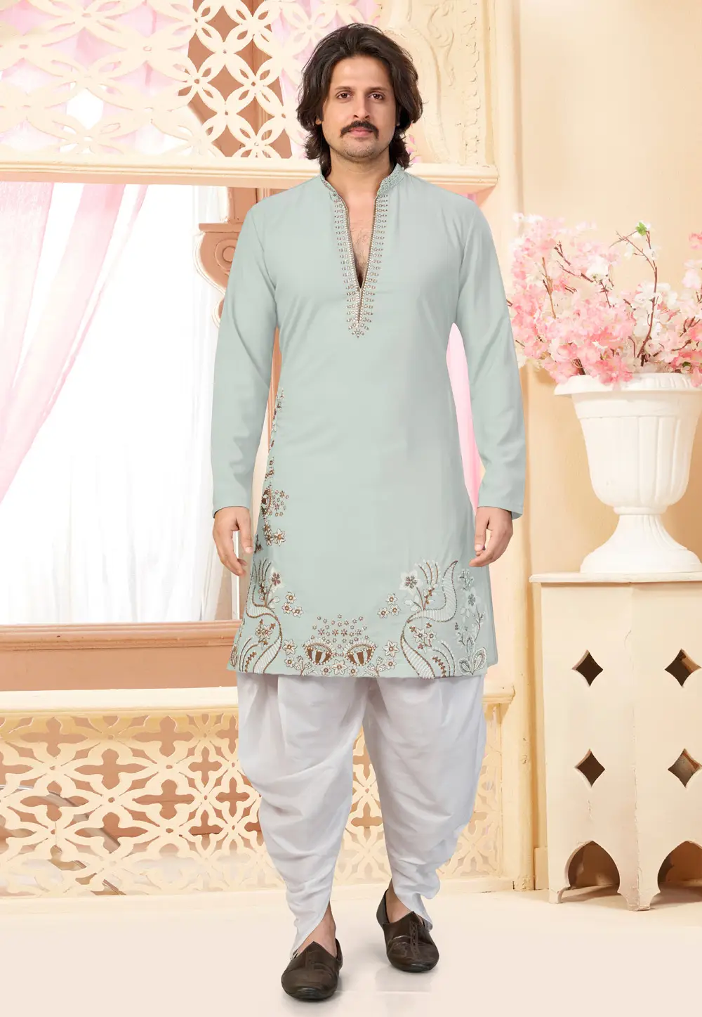 Sky Blue Lachka Dhoti Kurta 335947