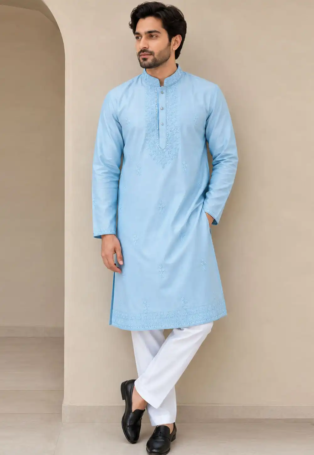 Sky Blue Linen Kurta Pajama 328829