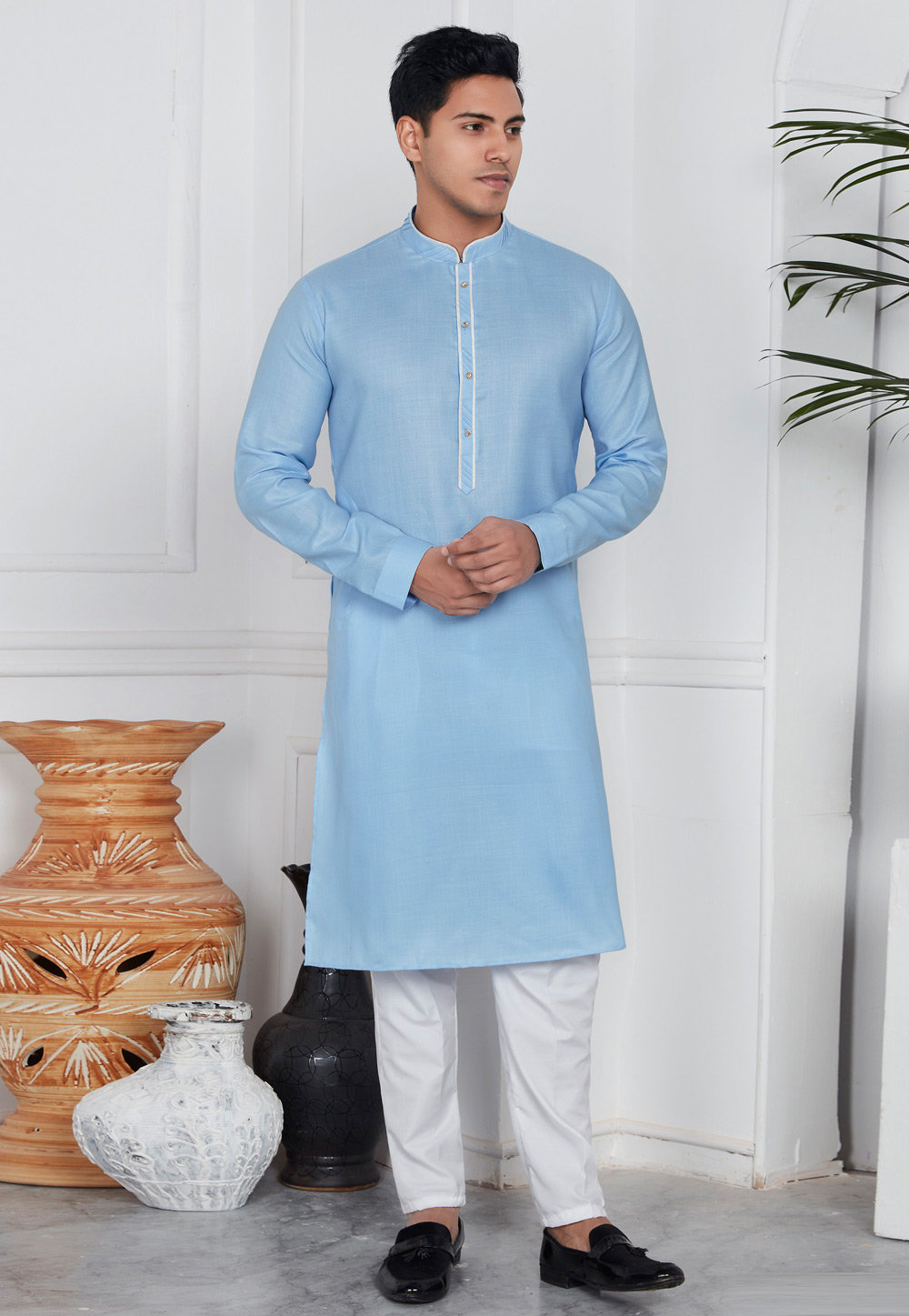 Sky Blue Linen Kurta Pajama 283371