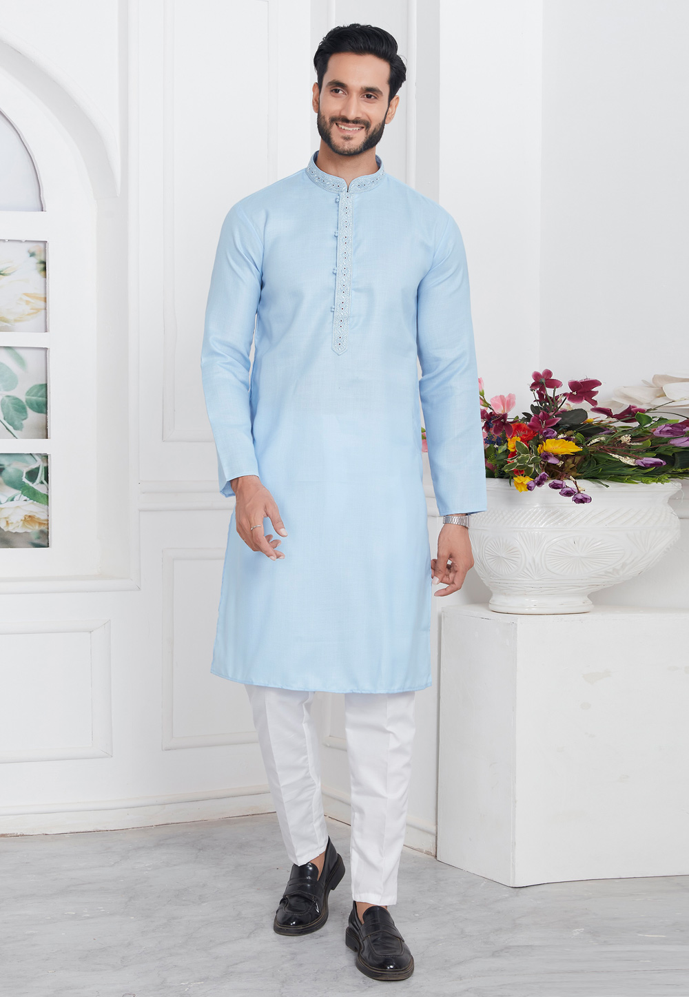 Sky Blue Linen Kurta Pajama 283360