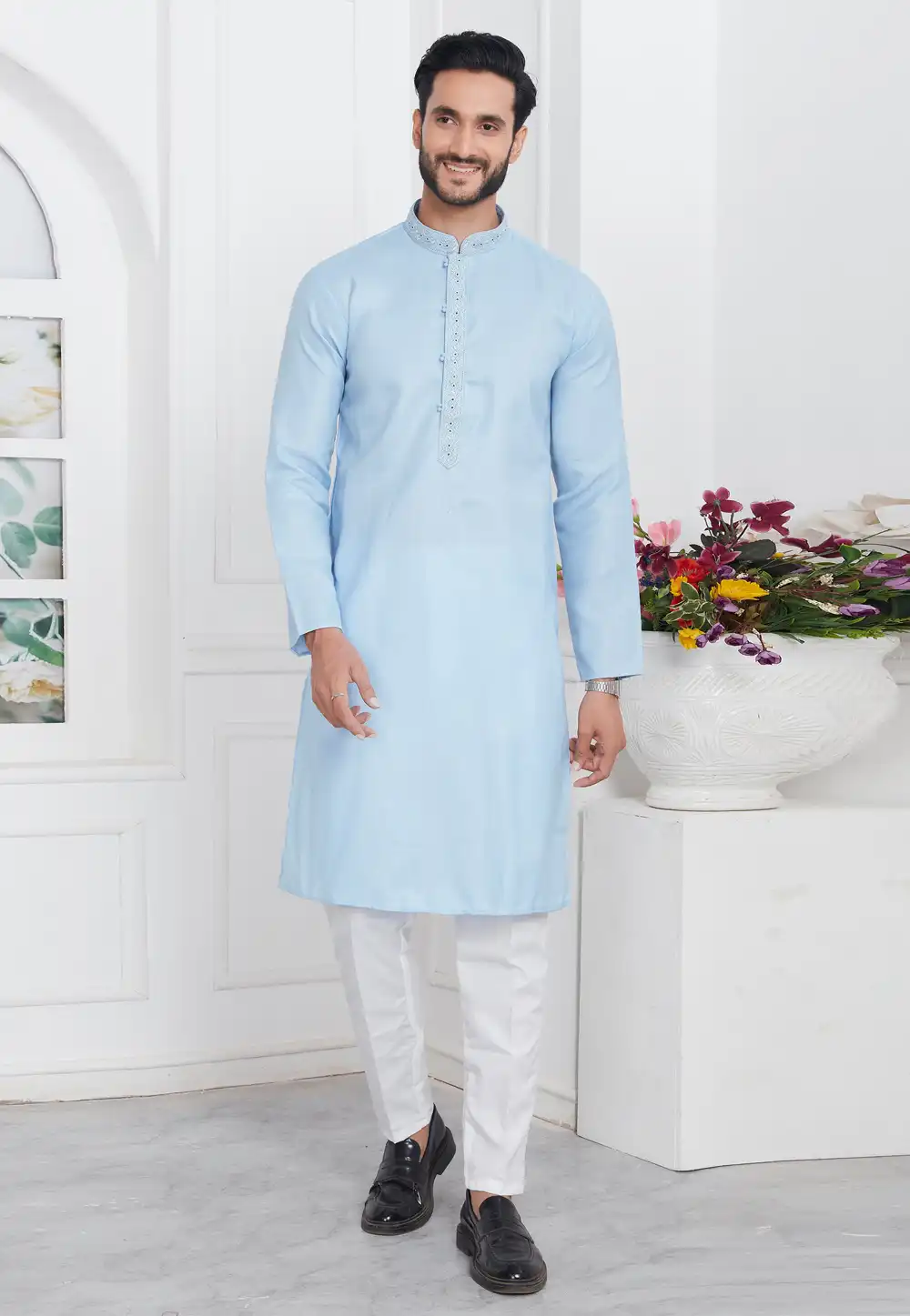Sky Blue Linen Kurta Pajama 283360