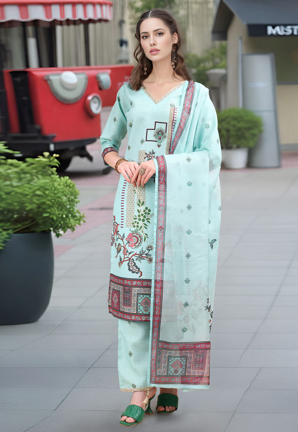 Sky Blue Linen Readymade Palazzo Suit 319096