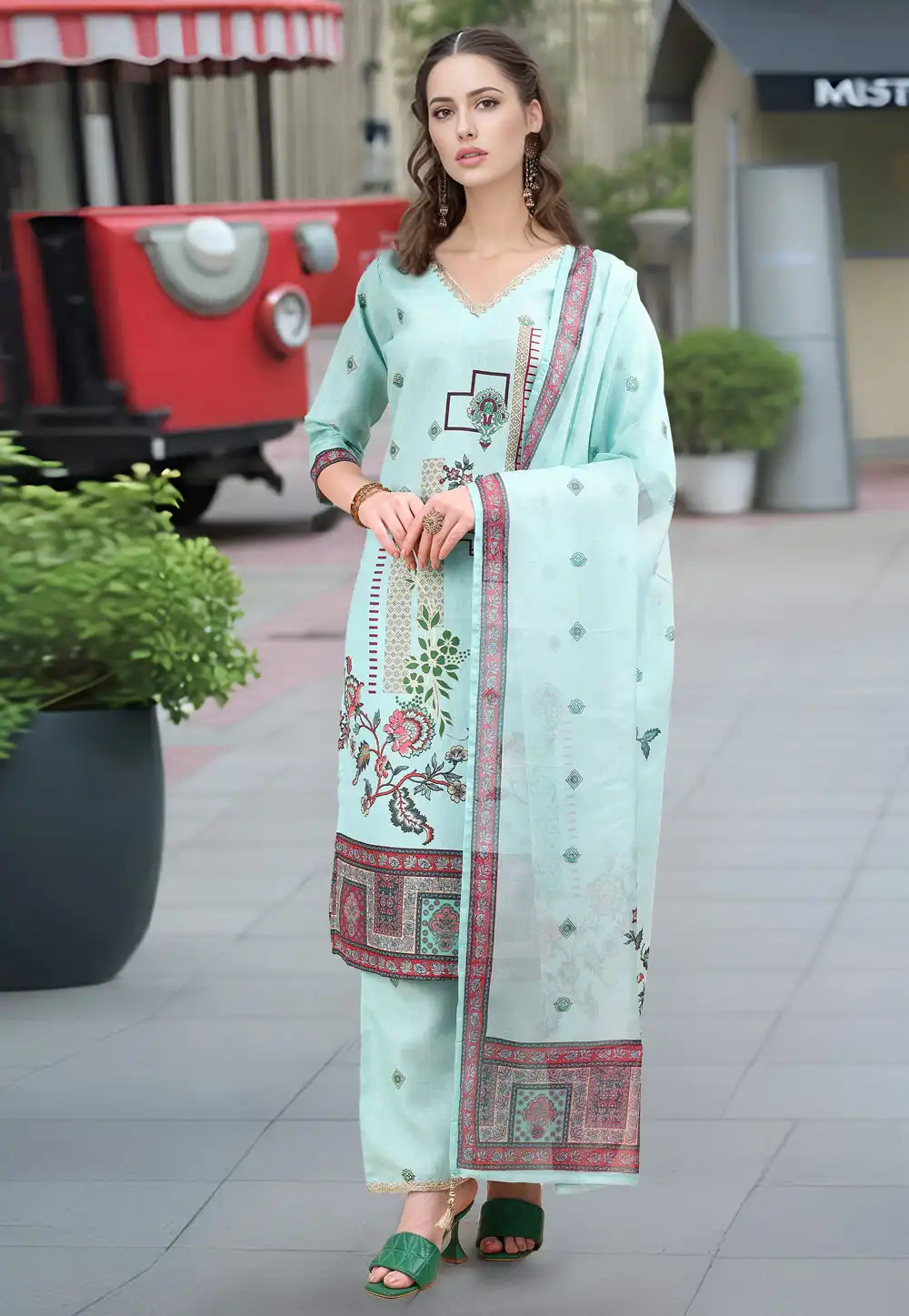 Sky Blue Linen Readymade Palazzo Suit 319096