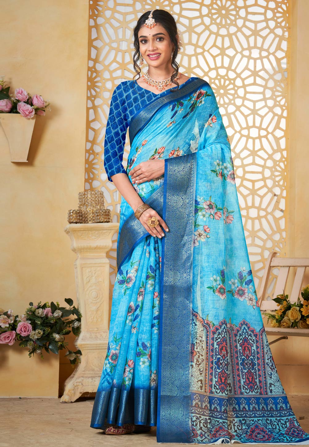Sky Blue Linen Saree With Blouse 307707