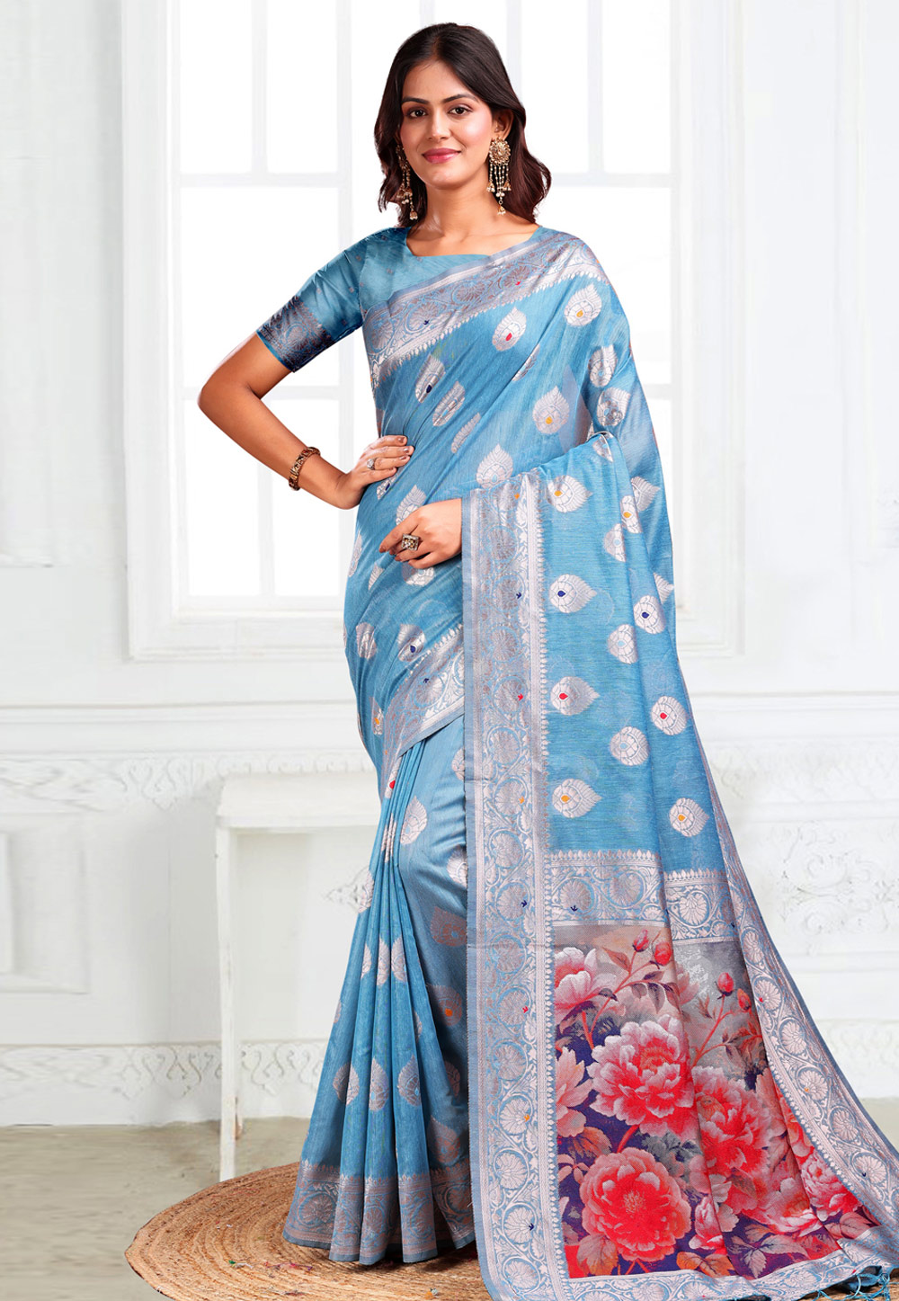 Sky Blue Linen Saree With Blouse 312702