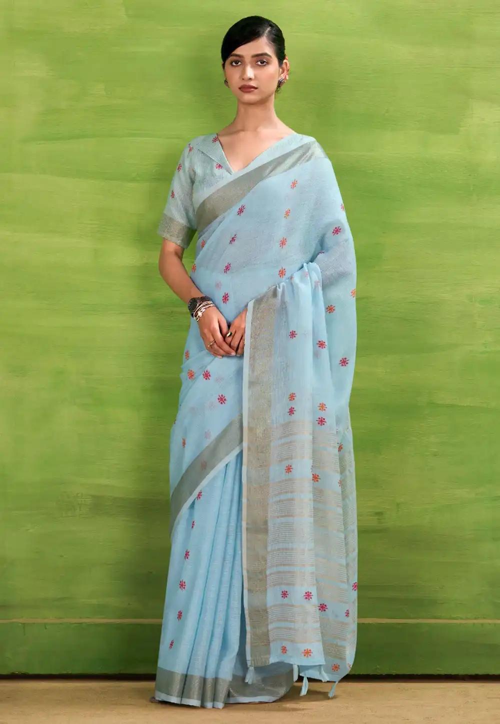 Sky Blue Linen Saree With Blouse 315378