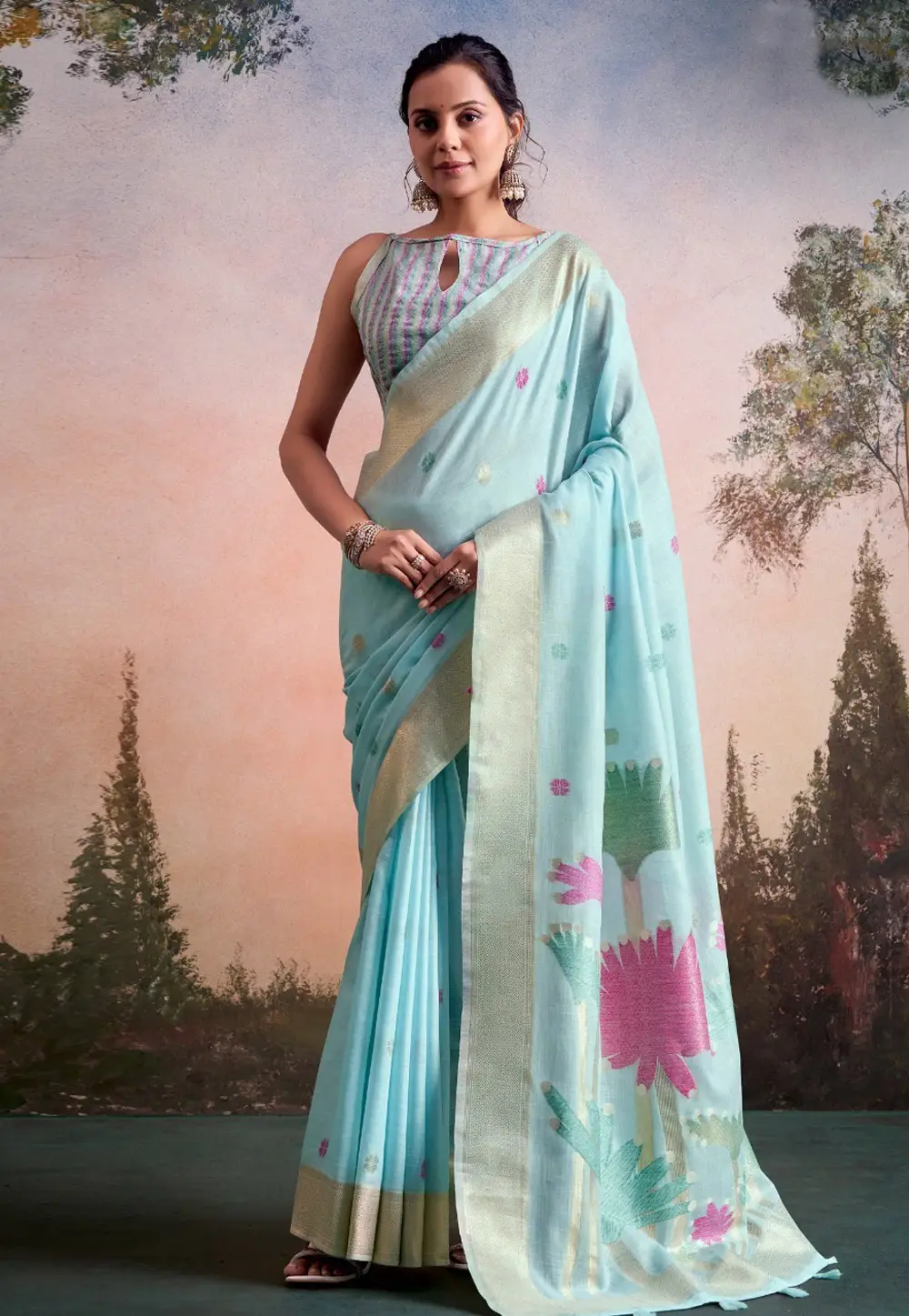 Sky Blue Linen Saree With Blouse 333009